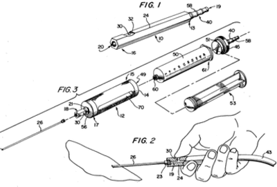 Patentzeichnung für Liposuctionskanüle der italienischen Gynäkologen A. & G. Fischer, 1974